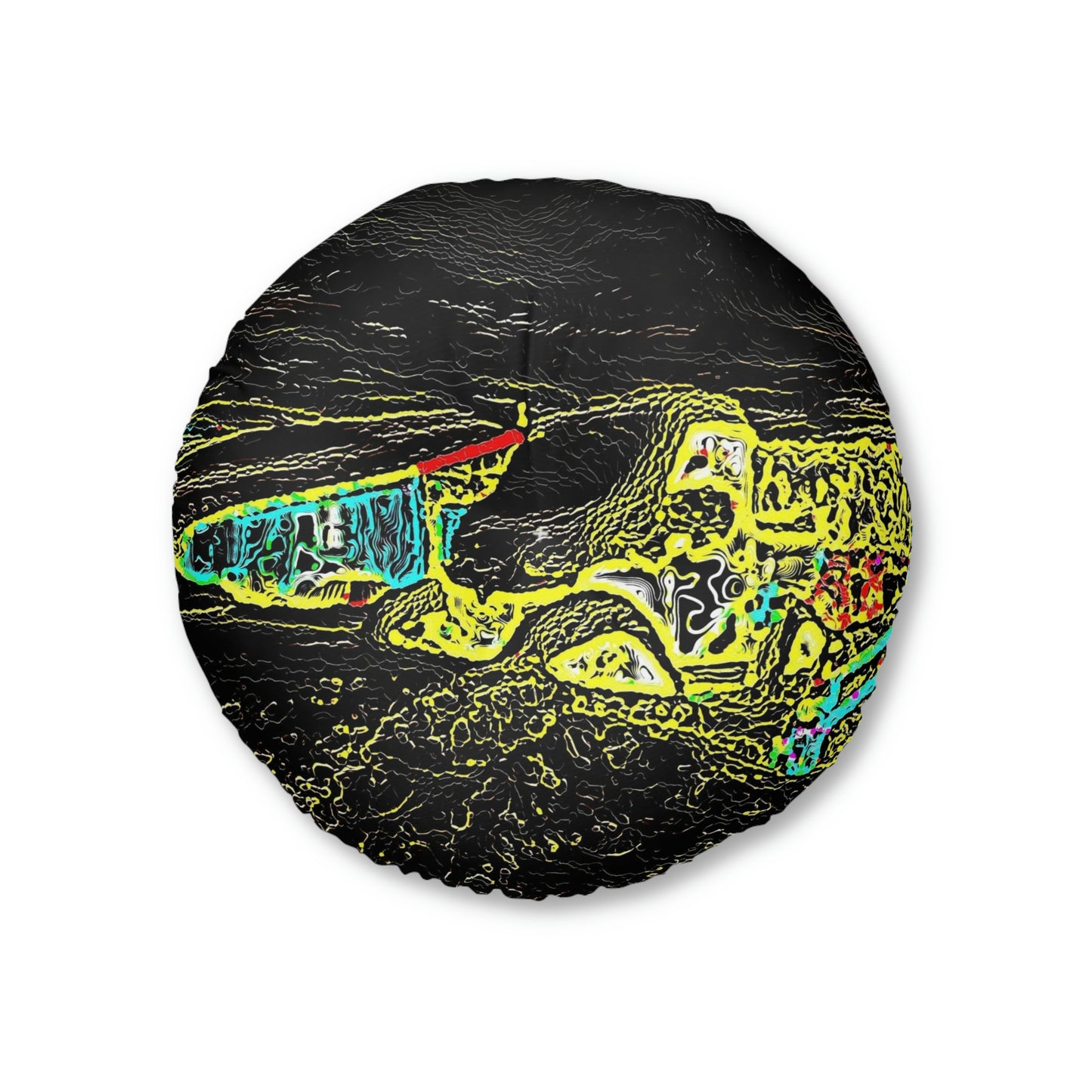 Tufted Floor Pillow, Round ...  "Snow Vehicle In Snow Storm At-Rest" ... Circa 12Mar23 ... Central Idaho ... 18-Hours Rendering Time: Original Works ...