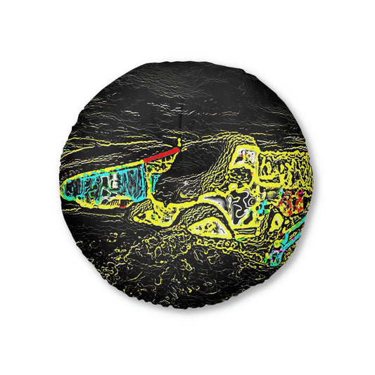 Tufted Floor Pillow, Round ...  "Snow Vehicle In Snow Storm At-Rest" ... Circa 12Mar23 ... Central Idaho ... 18-Hours Rendering Time: Original Works ...