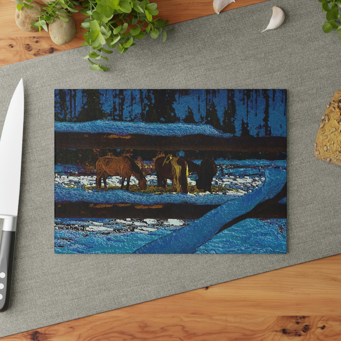 Glass Cutting Board ...  A Horse ... A Saddle ...  Foraging Through The Snow ...  An_Asses 'Cry' ... Central Idaho, November 2022 ...  Original Works ..