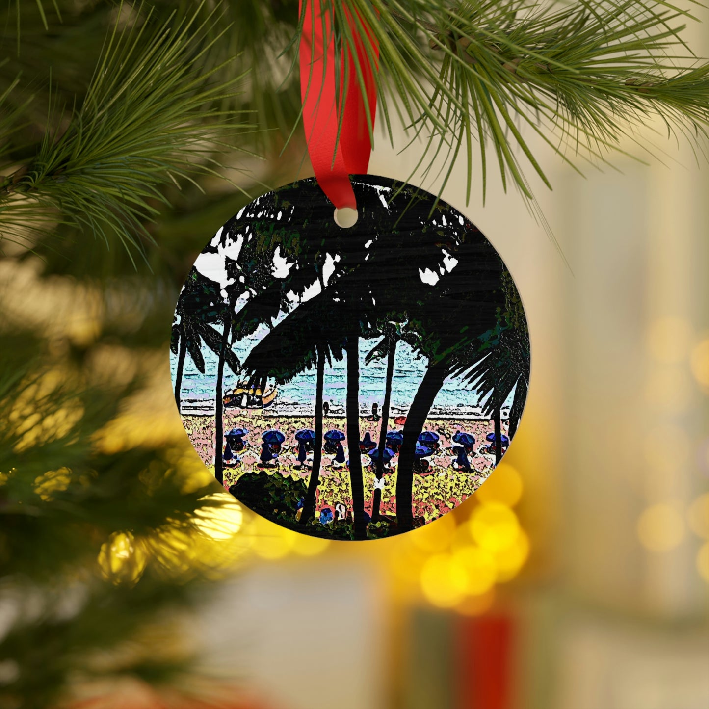 Plywood Ornaments (Round, Berlin) ...  "A Beautiful Beach Amongst The Palms" ... The Outrigger Waikiki, Honolulu, Oahu ... Original Works ...