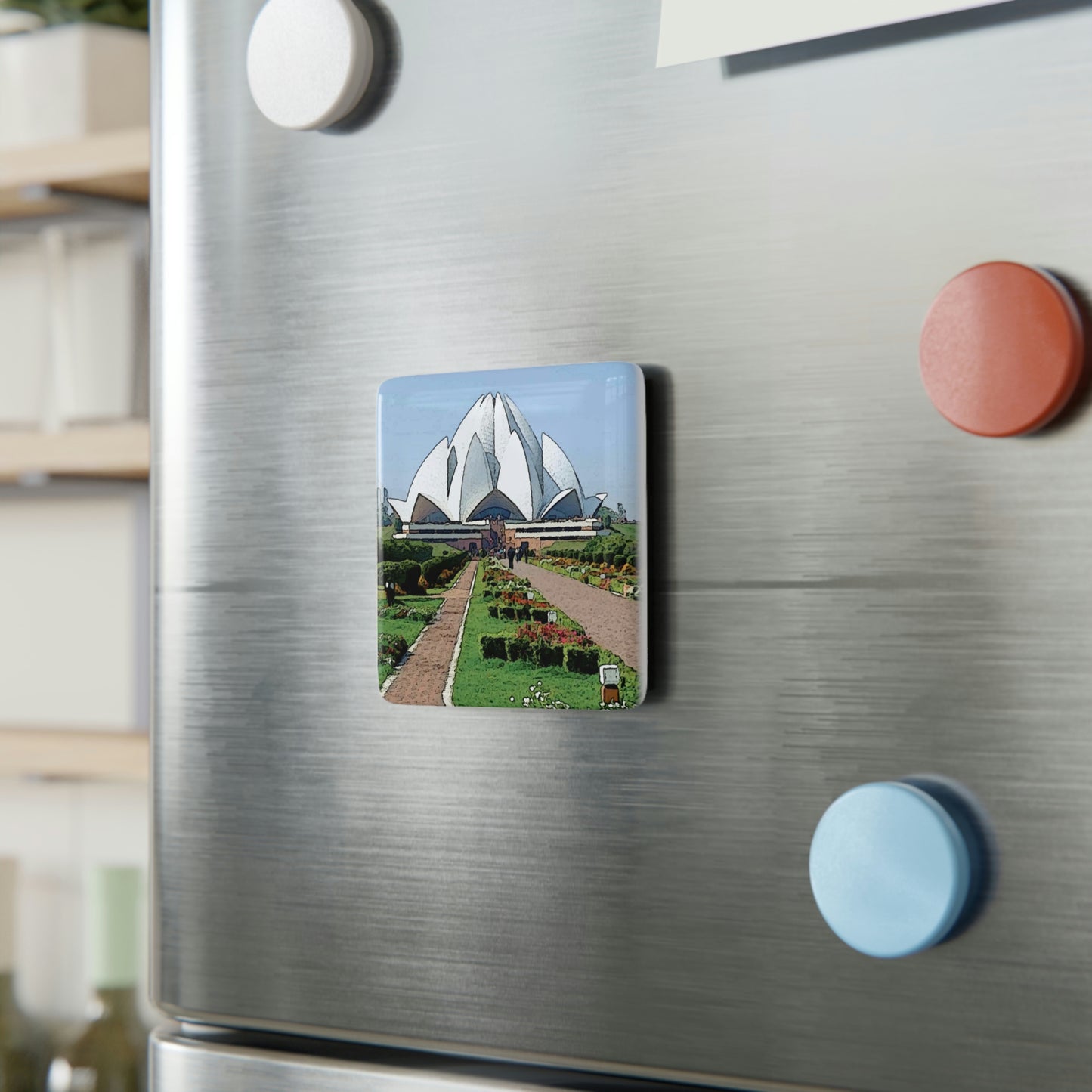 Porcelain Magnet, Square ... 'Bahai'i House-Of-Worship' ... "Lotus Temple: Delhi, India, 2008" ... Original Works ...