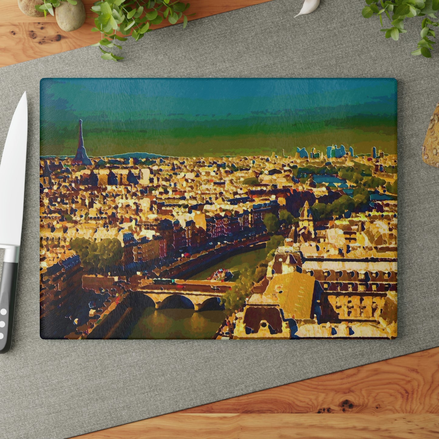 Glass Cutting Board ... Au Paris ... "Along The River Seine" ... Barbara Joan Bonnell-Holt: 1972 ... Original Works ...