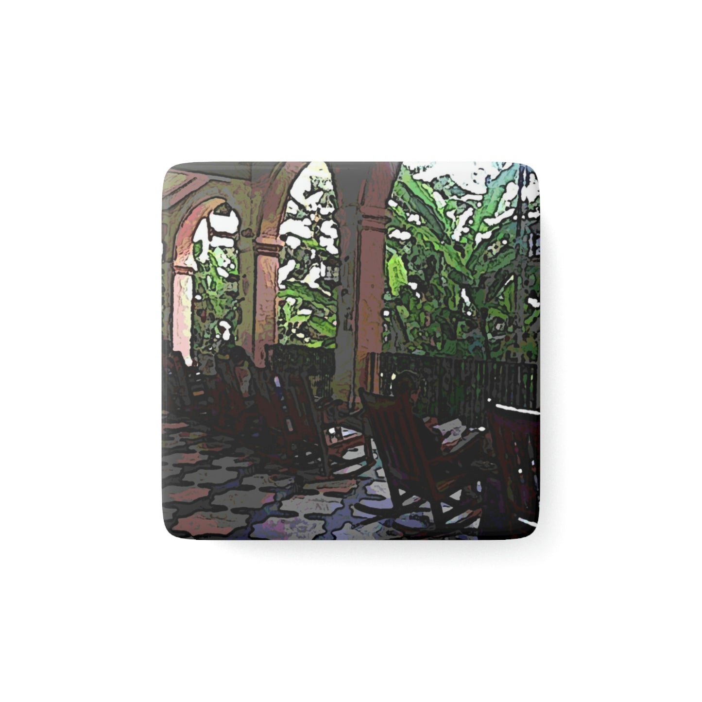 Porcelain Magnet, Square ... Lanai & Rocking Chairs At: 'The Pink Palace' ... The Royal Hawai'ian ... Honolulu, HI ... '27Oct2014' ... Original Works ...