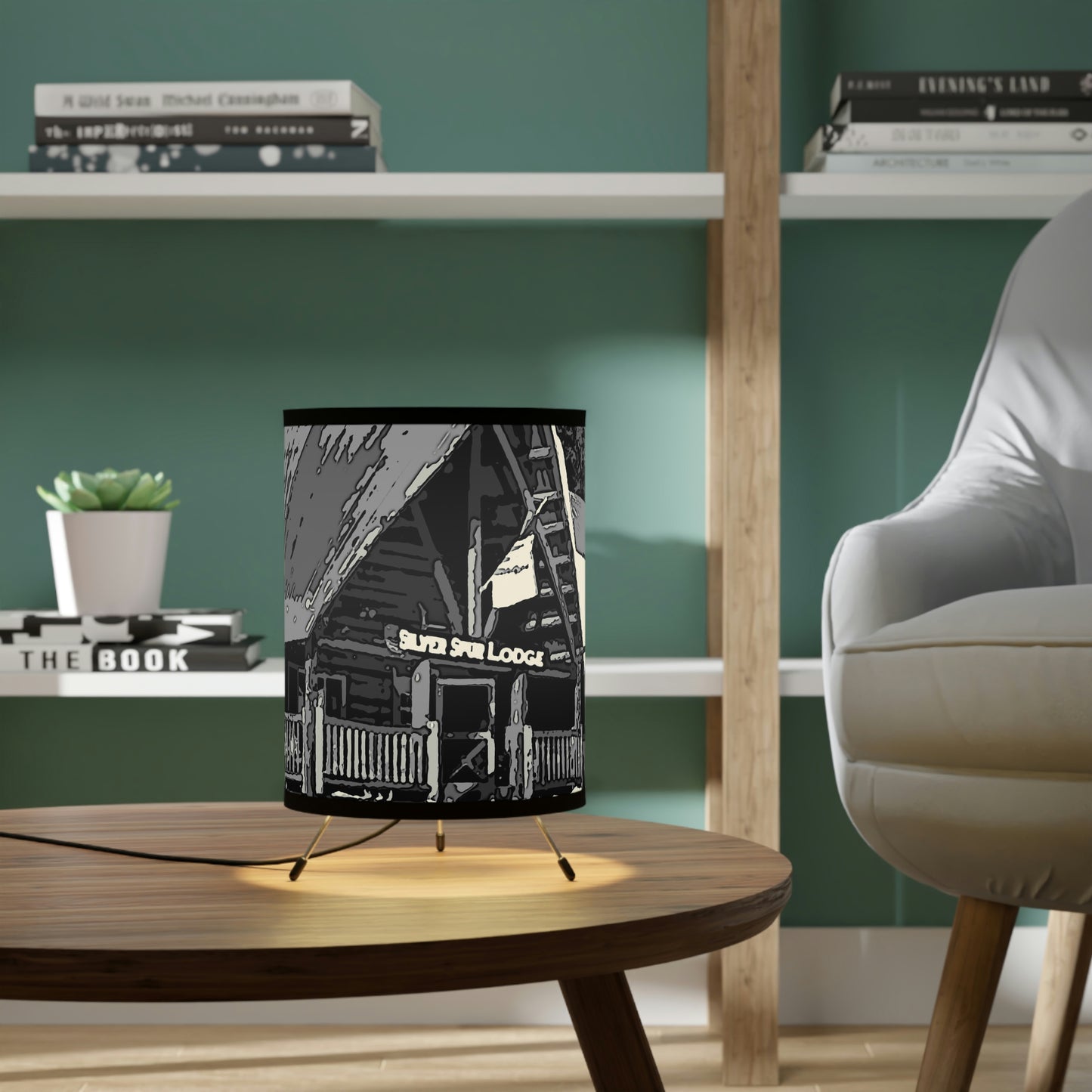 Tripod Lamp with High-Res Printed Shade, US\CA plug ... A Beautiful Lodge & Back-Country Outfitter In A Mountain Town ... 'Dixie, Idaho, November 2022' ... Original Works ...