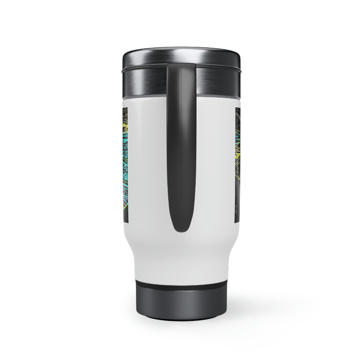Stainless Steel Travel Mug with Handle, 14oz ... "Snow Vehicle In Snow Storm At-Rest" ... Circa 12Mar23 ... Central Idaho ... 18-Hours Rendering Time: Original Works ...