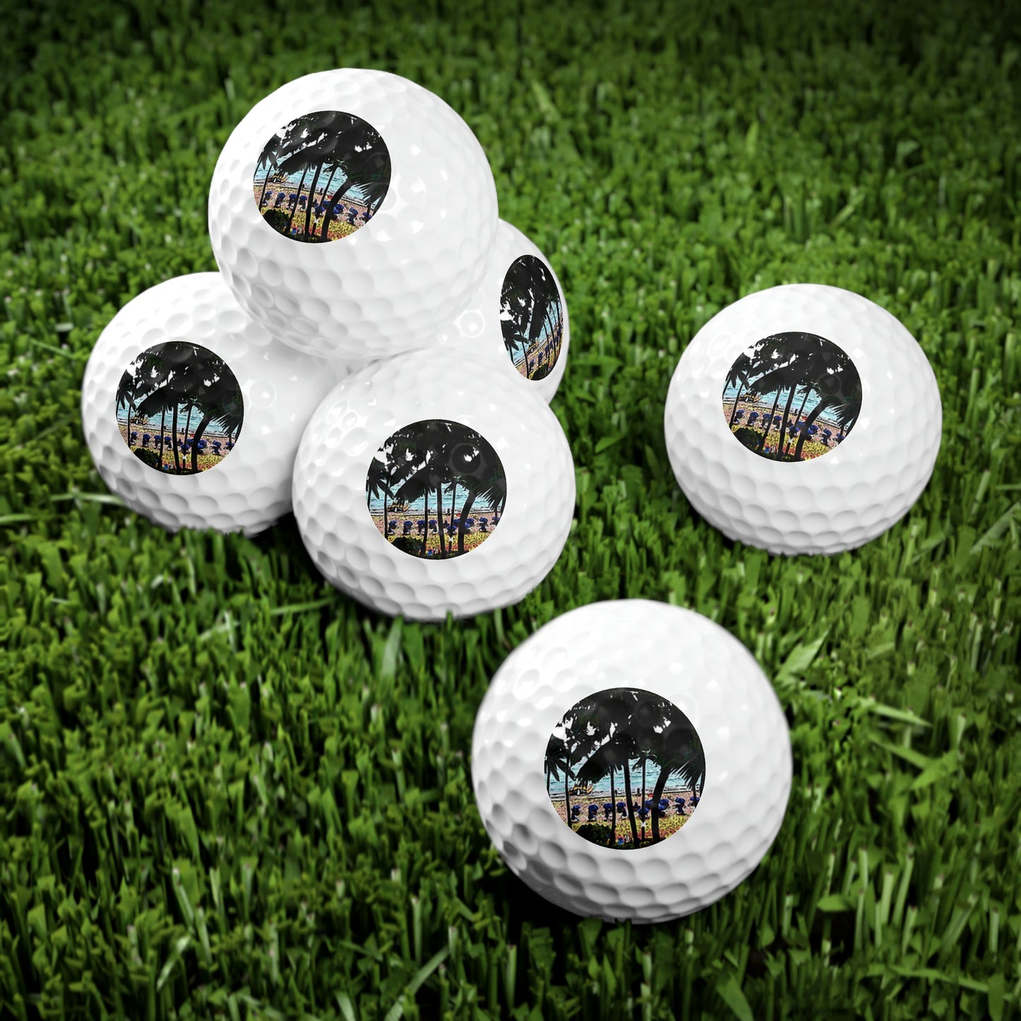 Golf Balls, 6pcs ... "A Beautiful Beach Amongst The Palms" ... The Outrigger Waikiki, Honolulu, Oahu ... Original Works ...