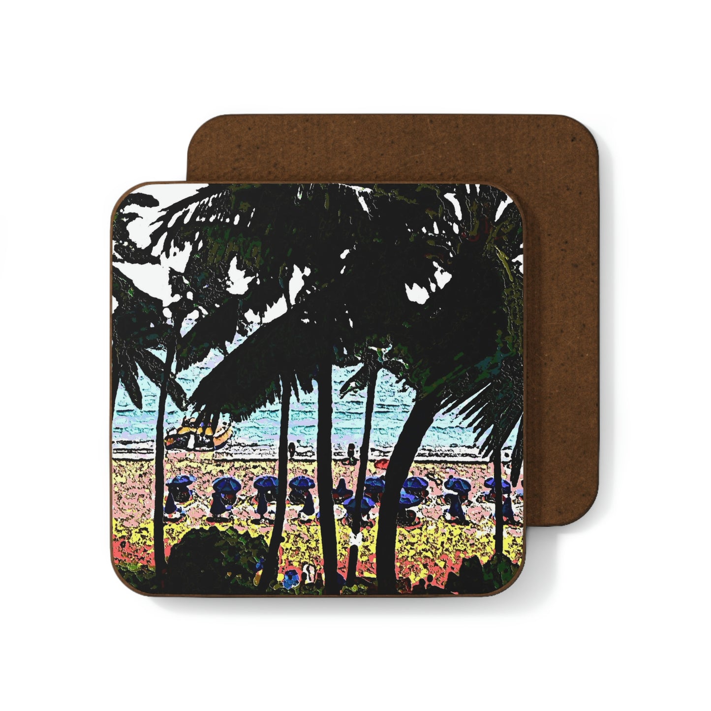 Hardboard Back Coaster ... "A Beautiful Beach Amongst The Palms" ... The Outrigger Waikiki, Honolulu, Oahu ... Original Works ...
