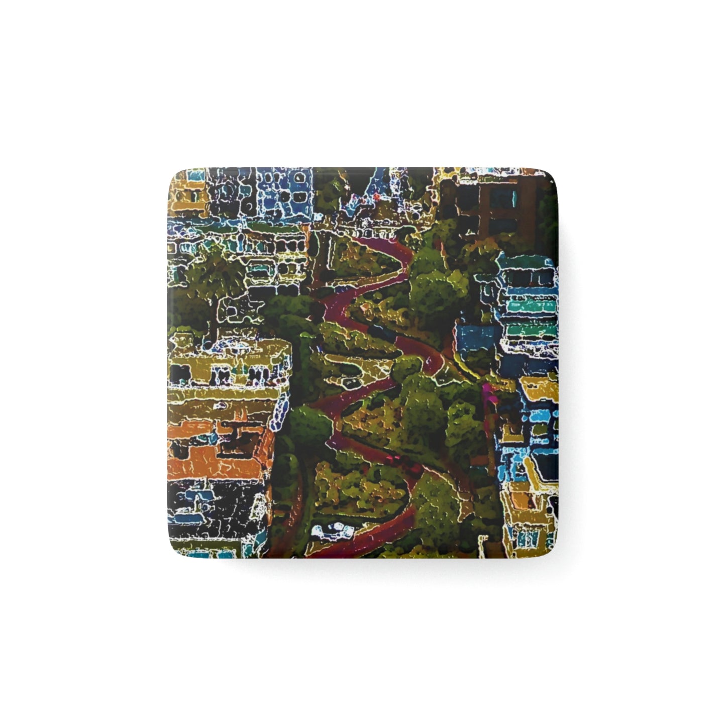 Porcelain Magnet, Square ... A Crazy Street ... 'Eight Winding Curve-Switchbacks' ... "Lombard Street, San Francisco, CA' ... Family Archives: 1970's ... Original Works ...