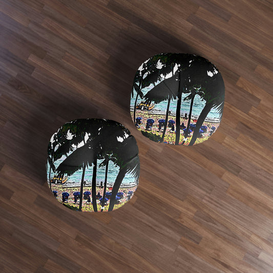 Tufted Floor Pillow, Round ... "A Beautiful Beach Amongst The Palms" ... The Outrigger Waikiki, Honolulu, Oahu ... Original Works ...