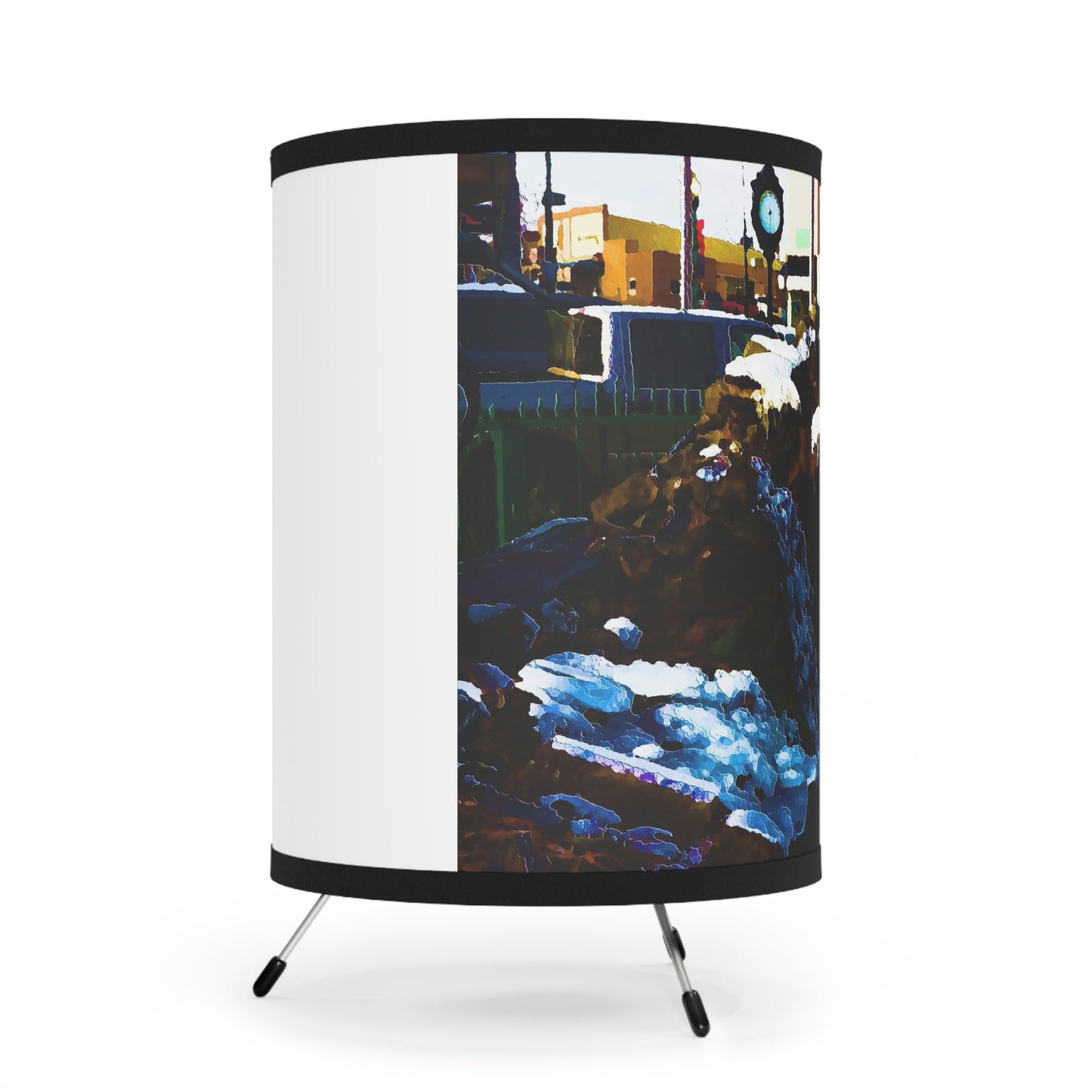 Tripod Lamp with High-Res Printed Shade, US\CA plug ...  "Ice & Water Sculpted" ... Downtown Grangeville, Idaho ... Adjacent To Irwin Pharmacy ... 5Jan23 ... Original Works ...