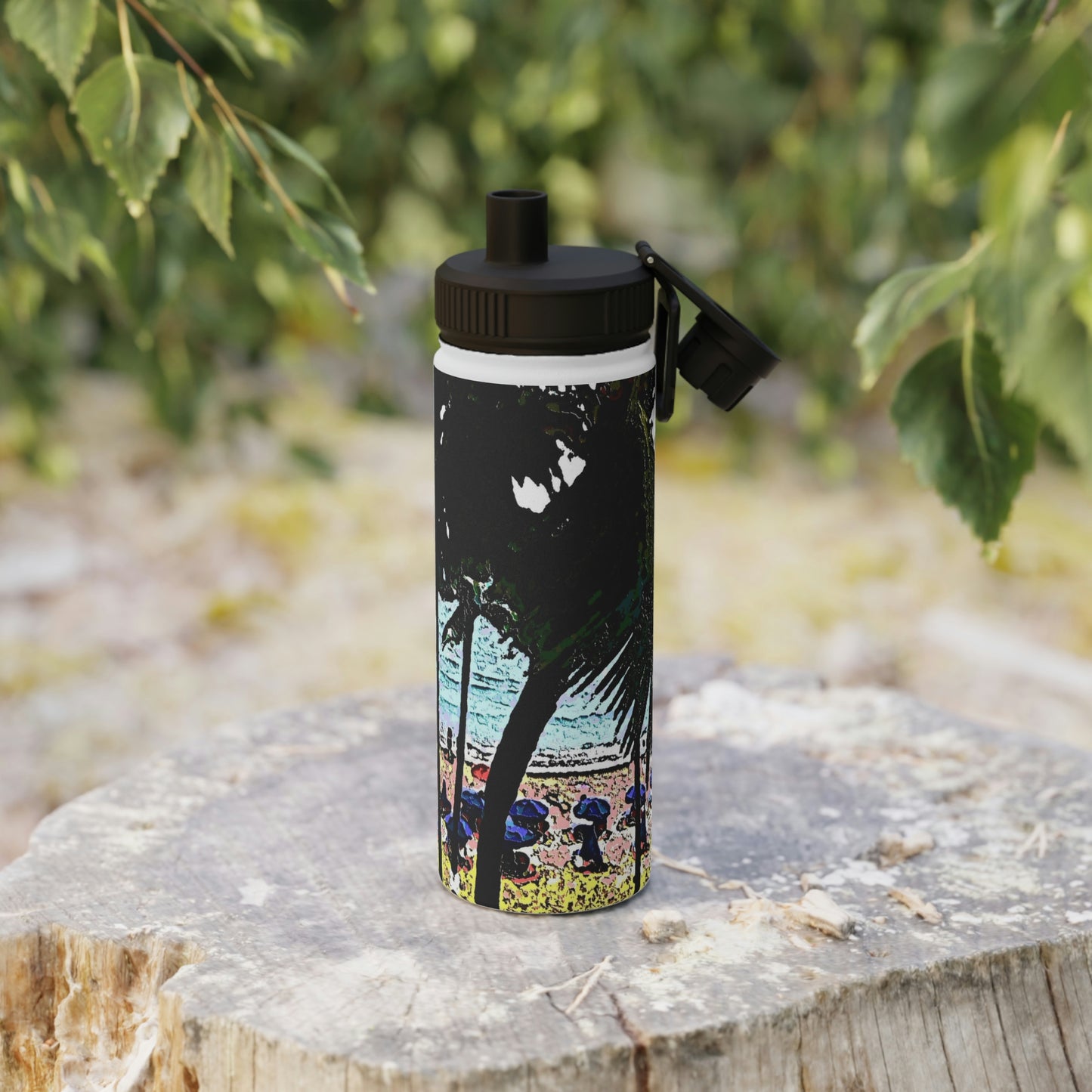 Stainless Steel Water Bottle, Sports Lid ... "A Beautiful Beach Amongst The Palms" ... The Outrigger Waikiki, Honolulu, Oahu ... Original Works ...