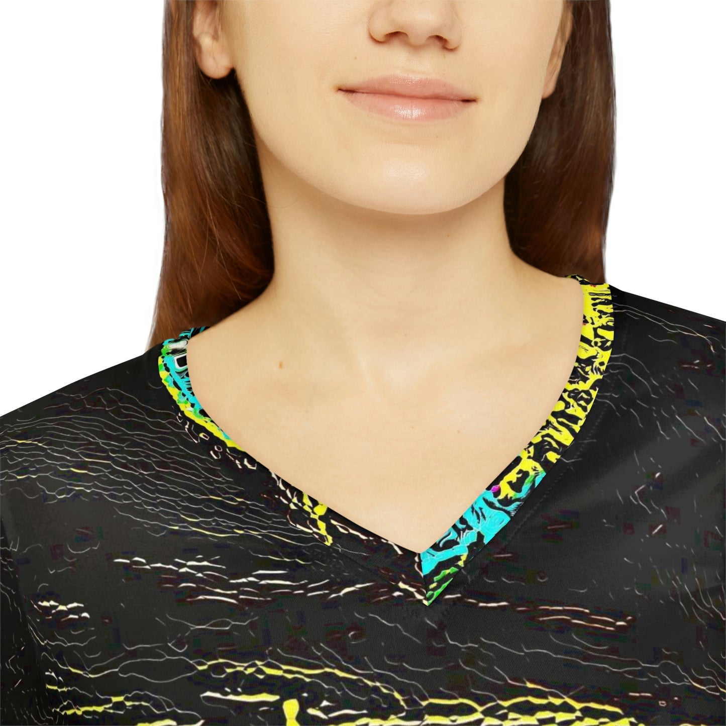 Women's Long Sleeve V-neck Shirt (AOP) ... "Snow Vehicle In Snow Storm At-Rest" ... Circa 12Mar23 ... Central Idaho ... 18-Hours Rendering Time: Original Works ...