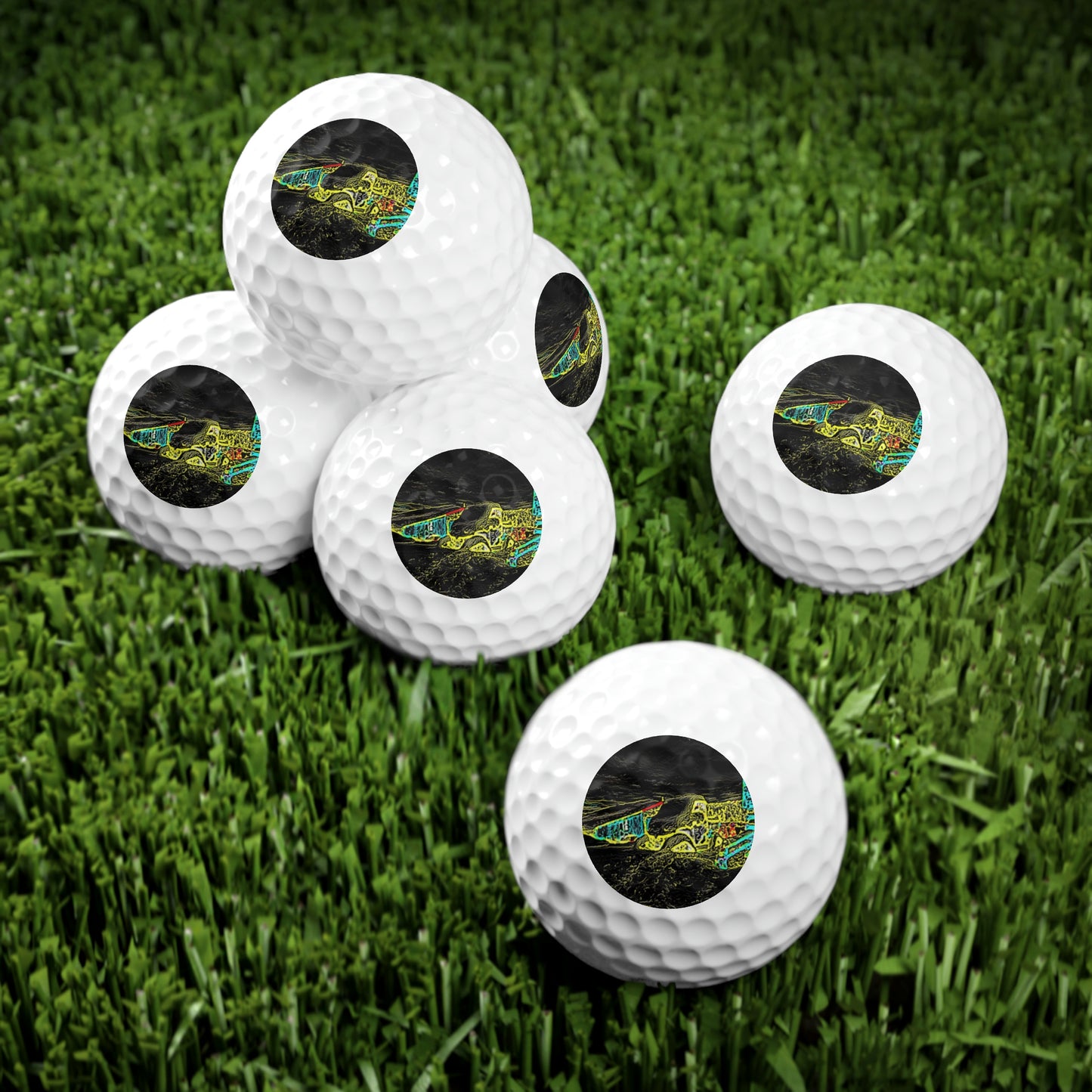 Golf Balls, 6pcs ... "Snow Vehicle In Snow Storm At-Rest" ... Circa 12Mar23 ... Central Idaho ... 18-Hours Rendering Time: Original Works ...