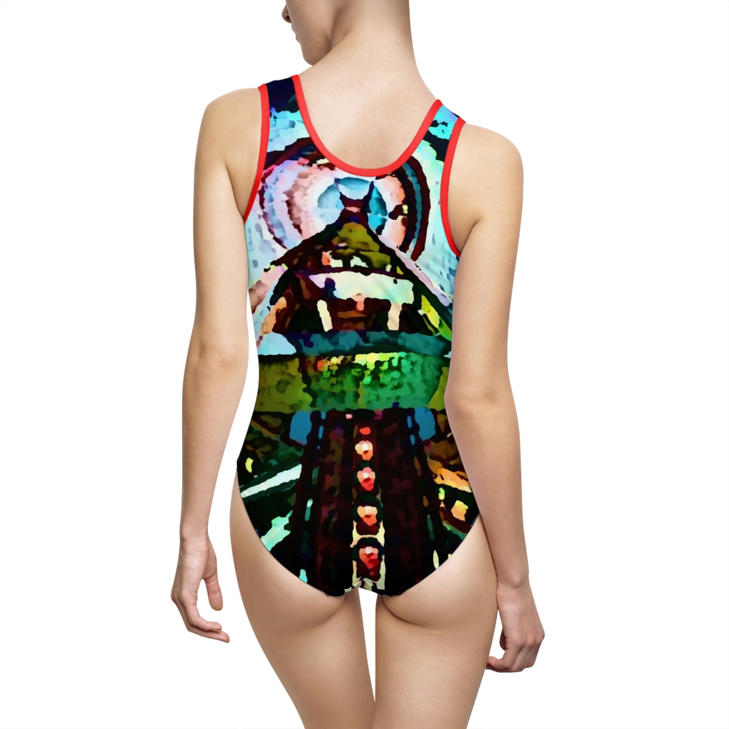 Women's Classic One-Piece Swimsuit ... "Seattle's World Fair" ... Below Space Needle 'Looking Up' ... On A Very Rainy Morning (Father's Family Photo). ... Original ...