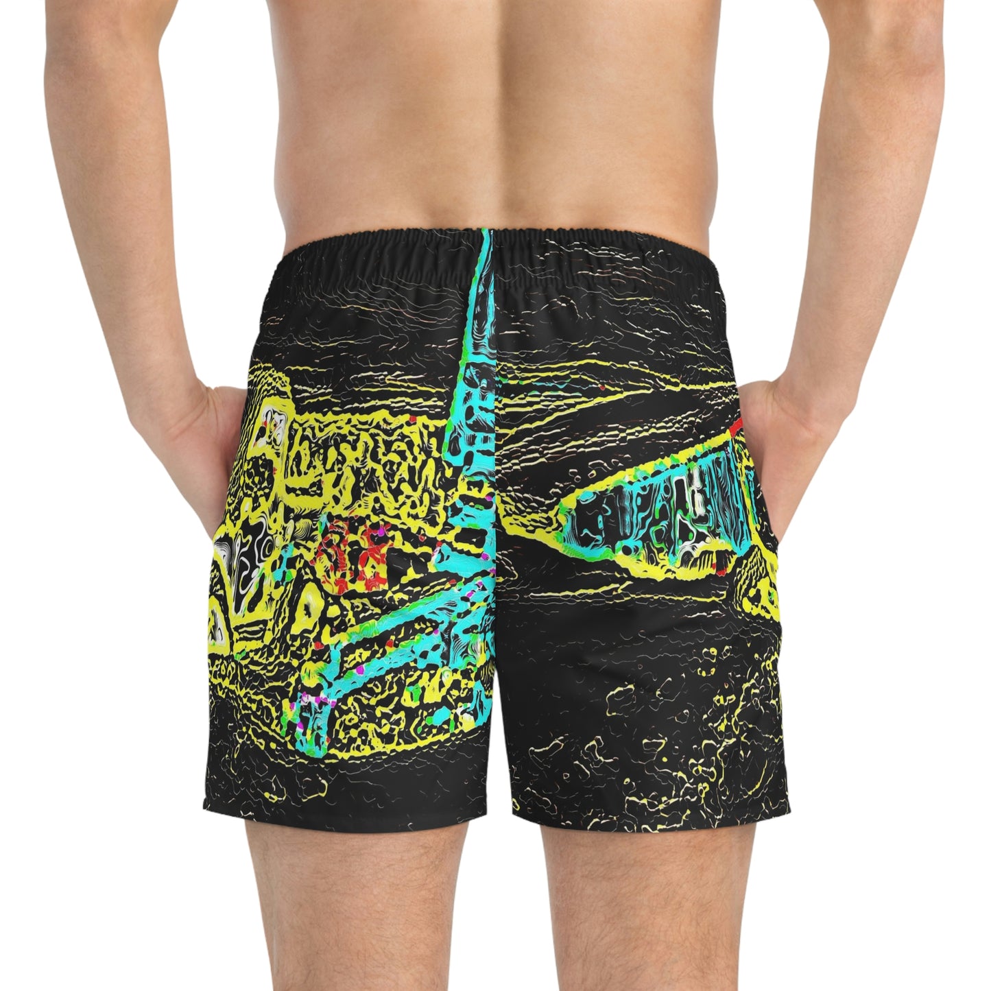 Swim Trunks (AOP) ... "Snow Vehicle In Snow Storm At-Rest" ... Circa 12Mar23 ... Central Idaho ... 18-Hours Rendering Time: Original Works ...