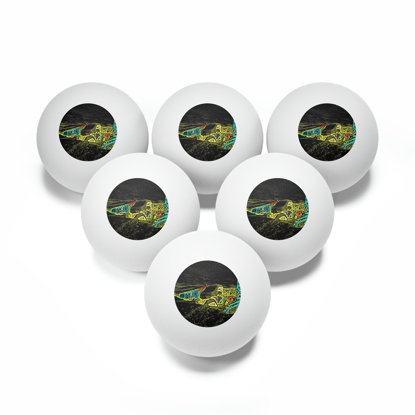 Ping Pong Balls, 6 pcs ... "Snow Vehicle In Snow Storm At-Rest" ... Circa 12Mar23 ... Central Idaho ... 18-Hours Rendering Time: Original Works ...
