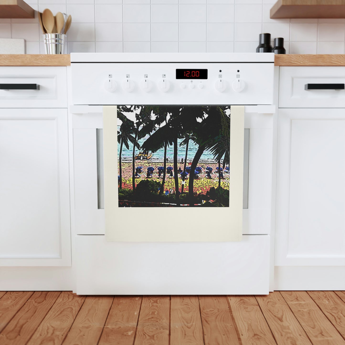 Cotton Tea Towel ... "A Beautiful Beach Amongst The Palms" ... The Outrigger Waikiki, Honolulu, Oahu ... Original Works ...