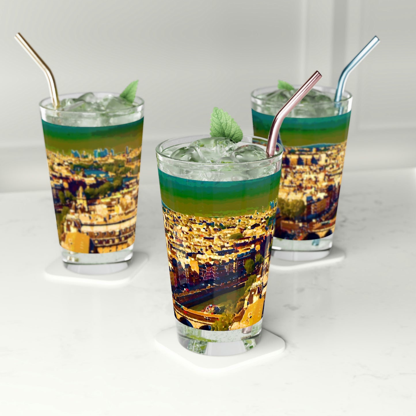 Pint Glass, 16oz ... Au Paris ... "Along The River Seine" ... Barbara Joan Bonnel-Holt: 1972 ... Original Works ...