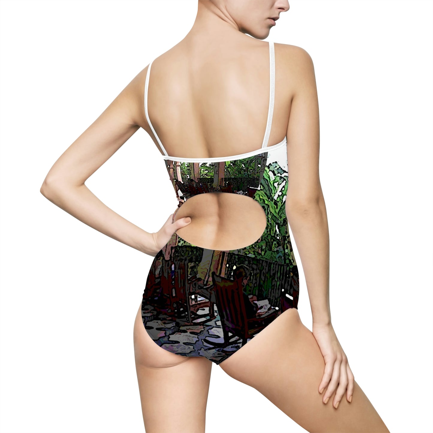 Women's One-piece Swimsuit ... Lanai & Rocking Chairs At: 'The Pink Palace' ... The Royal Hawai'ian ... Honolulu, HI ... '27Oct2014' ... Original Works ...