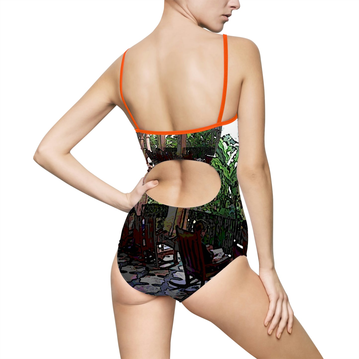 Women's One-piece Swimsuit ... Lanai & Rocking Chairs At: 'The Pink Palace' ... The Royal Hawai'ian ... Honolulu, HI ... '27Oct2014' ... Original Works ...