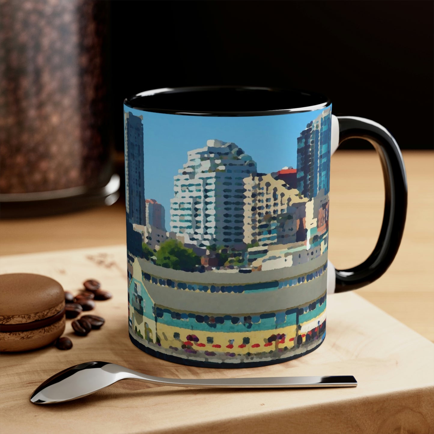 Accent Coffee Mug, 11oz ... That Classic Wheel ... 'Seattle's Wheel' ... & Old Classic Waterside Vendors ...  'Family Archives' ... Original Works ...