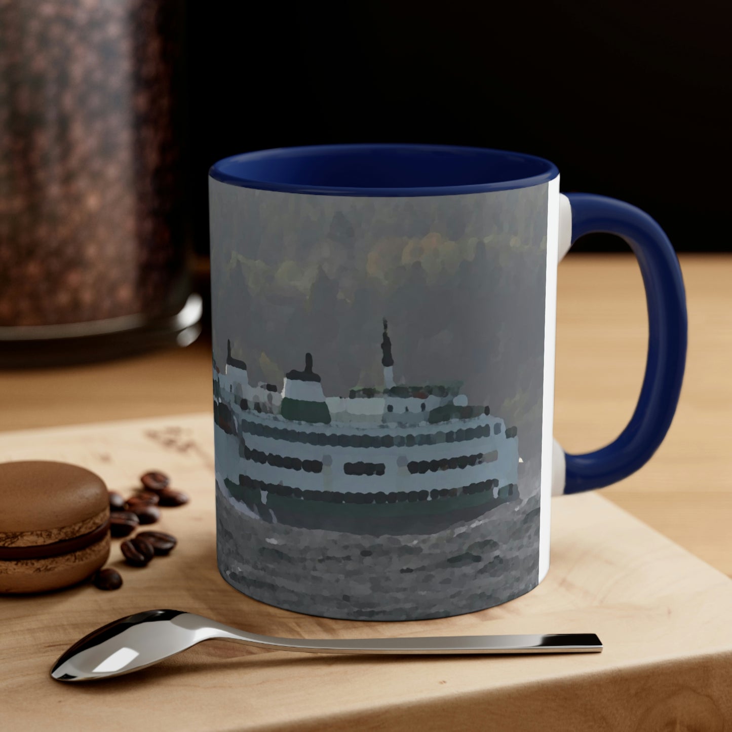 Accent Coffee Mug, 11oz ... WADOT Ferry Crossing ... "A Very Rough Day" ... Mulkiteo Route ... Family Archives ... Early 1990's' ... Original Works ...