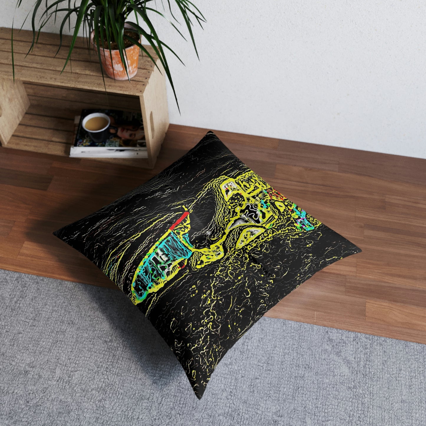 Tufted Floor Pillow, Square ...  "Snow Vehicle In Snow Storm At-Rest" ... Circa 12Mar23 ... Central Idaho ... 18-Hours Rendering Time: Original Works ...